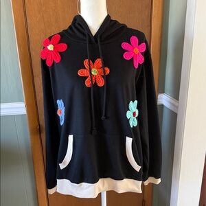 BiBi Black Hoody with Crochet Flowers Size L
